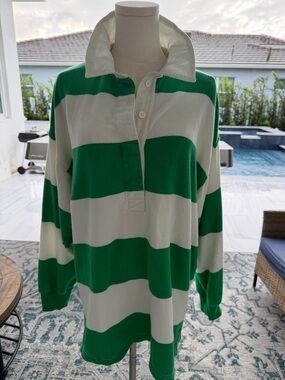 Aerie Medium oversized Green and White Striped Rugby Shirt s26